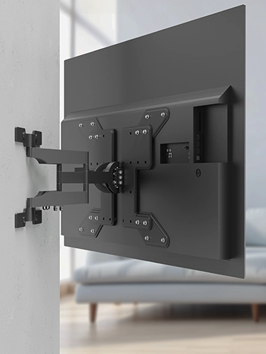 TV is mounted on a Hama TV wall mount and projects at an angle into the living room